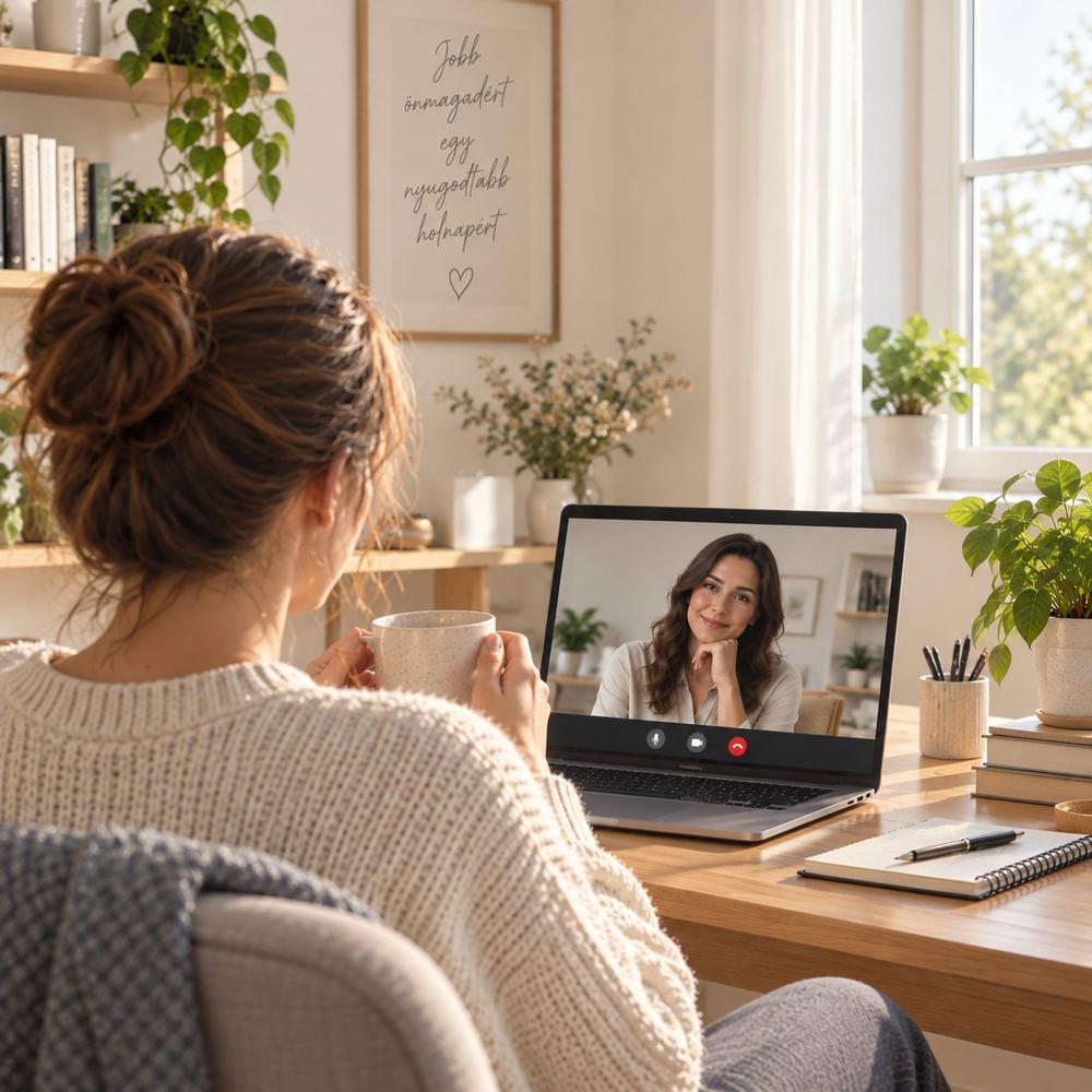 Online terápiás ülés otthon: kliens a laptopnál, pszichológus a képernyőn